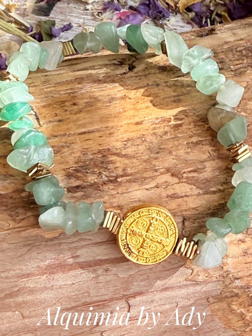 Aventurine and gold Saint benedict/San Benito bracelet/boho